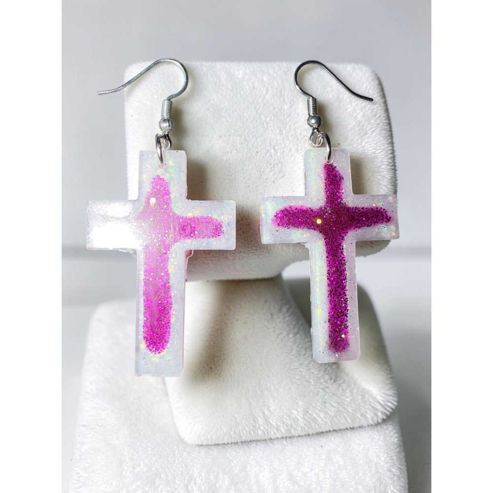 Handmade Pink Ombre Cross Earrings - Picture 3 of 9